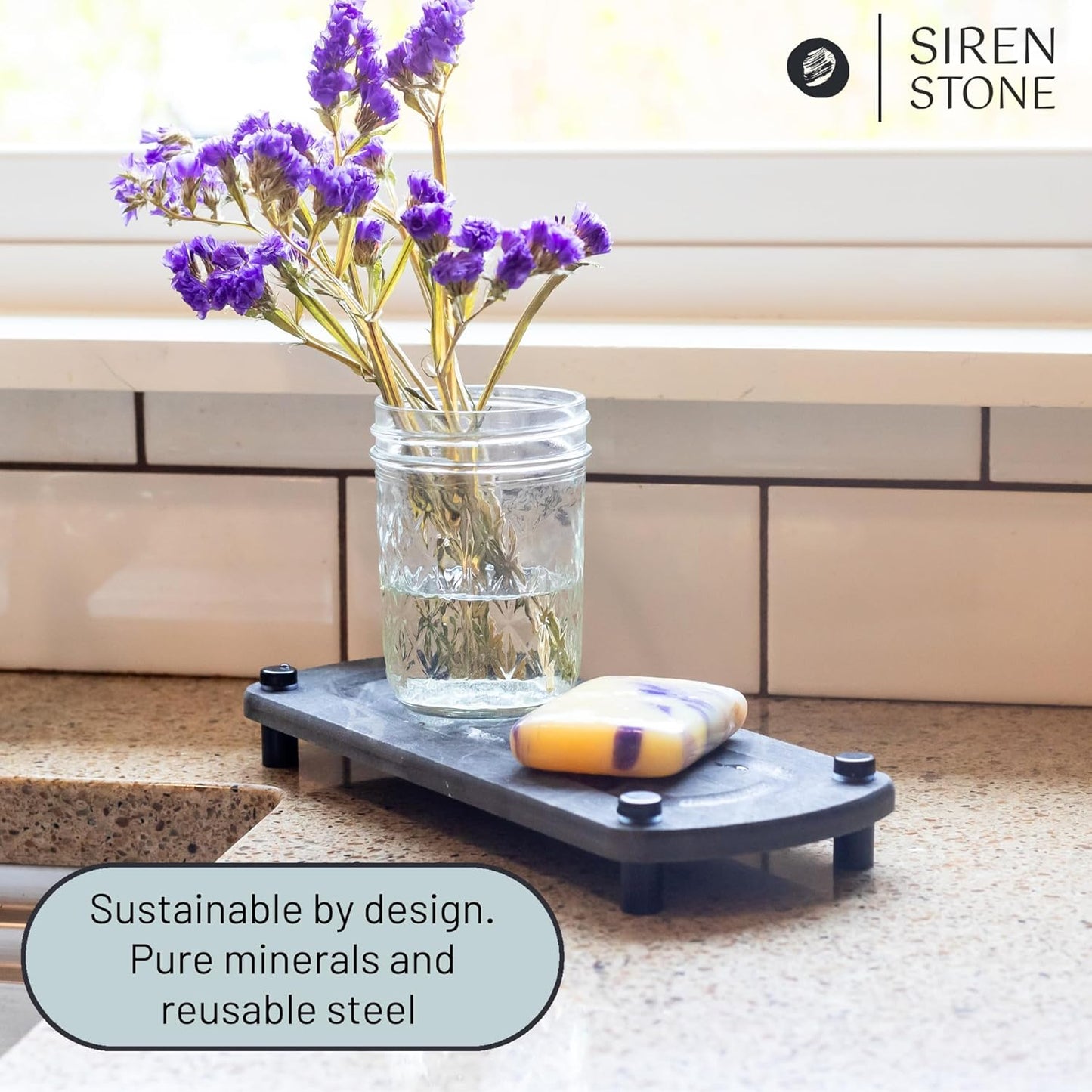 Premium Sink Caddy – Water-Absorbing Diatomaceous Earth Tray for Sink, Elevated Stainless Steel Feet, Non-Toxic, Fast-Drying, Kitchen or Bathroom