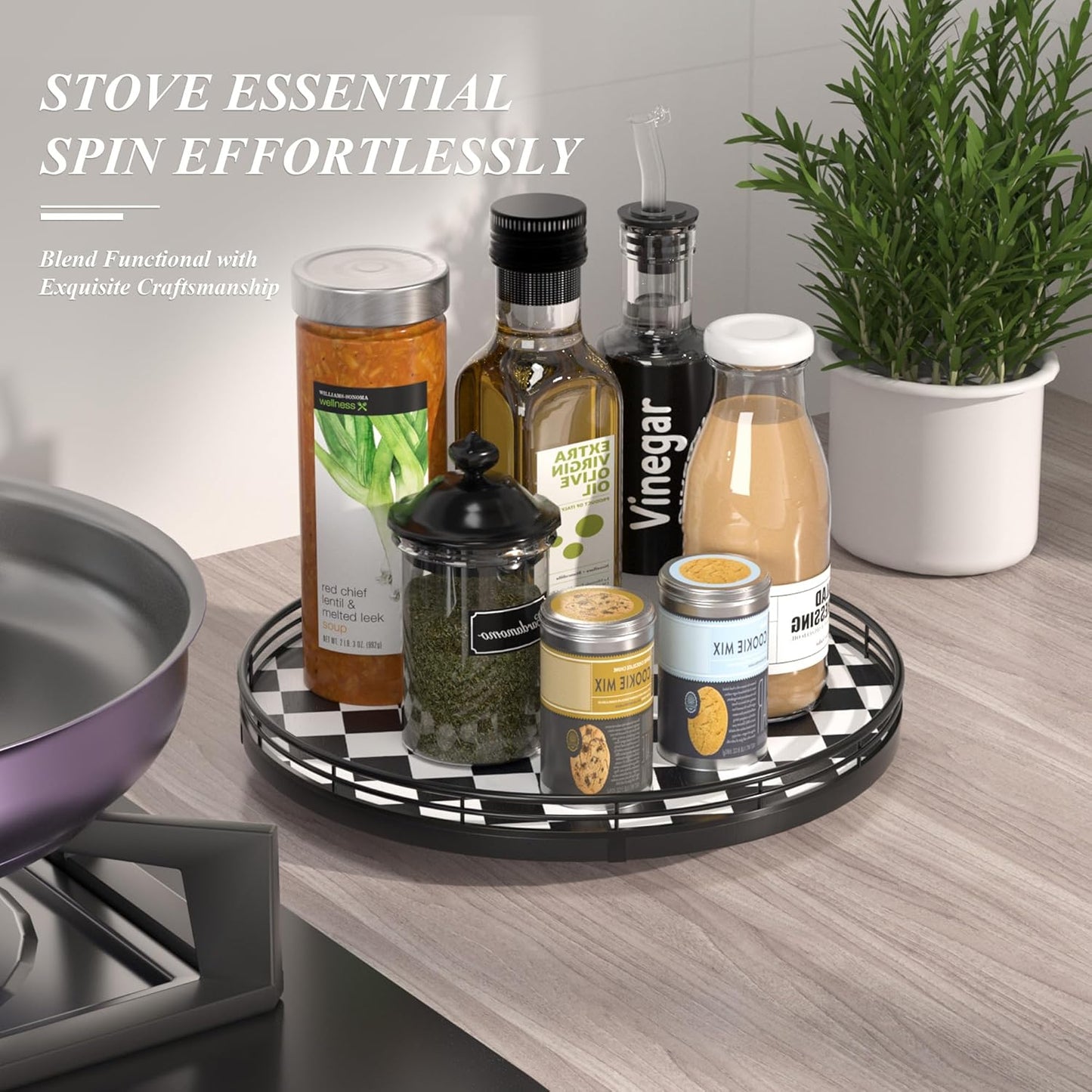 Black and White Kitchen Lazy Susan Turntable – Round Checkered Decorative Tray, 12” Table Top Oak Wood Lazy Susan for Cookies, Dining Table Organizer, Small Kitchen Table Centerpiece