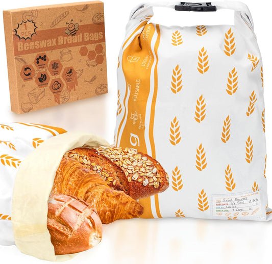 Reusable Beeswax Bread Bag for Homemade Bread & Sourdough Loaf, Fridge-Safe Storage Container with Dual-Zip Freshness Lock & Lables Cards Note Dates on, Natural Cotton & Beeswax Lining Keep Fresh