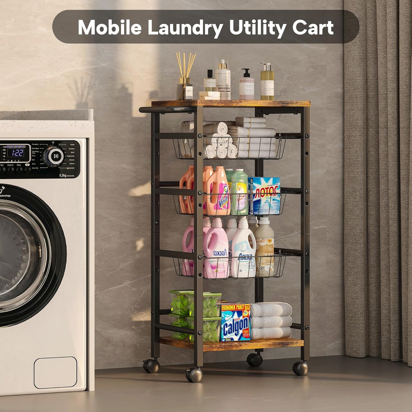 5-Tier Snack Organizer Cart with 3 Height Adjustable Pull-Out Baskets and 2 Storage Shelves, Utility Kitchen Organizer and Storage Cart with Convenient Handle for Fruit Potato Onion Vegetable Snack