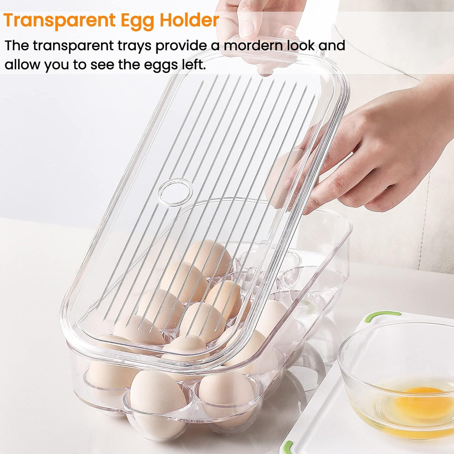 vacane Plastic Egg Holder for Refrigerator,Stackable Egg Holder Clear Tray with Lid,BPA-Free Egg Container Organizer Countertop Kitchen Fridge, Stores 16 Eggs - 2 Pack