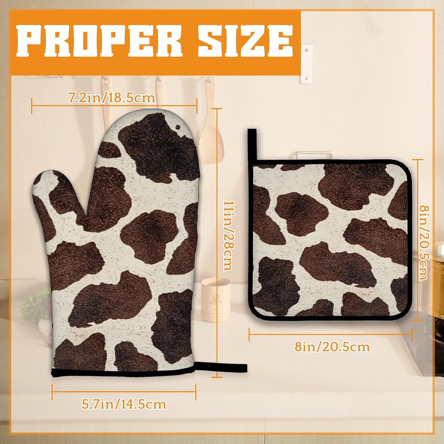 Brown Cowhide Oven Mitts and Pot Holders,Cow Skin Heat Resistant Oven Mitts Gloves and Pot Holder for Home Kitchen Decorations Cooking Baking BBQ Gifts,Set of 4