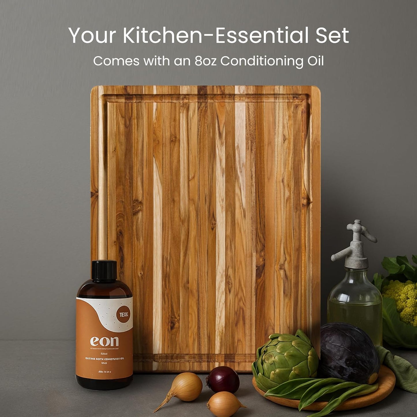 Teakhaus Carving Board and Cutting Board Oil Set - Includes Large (L) Wood Cutting Board with Juice Groove and EON Food Grade Mineral Oil - Knife-Friendly - FSC Certified