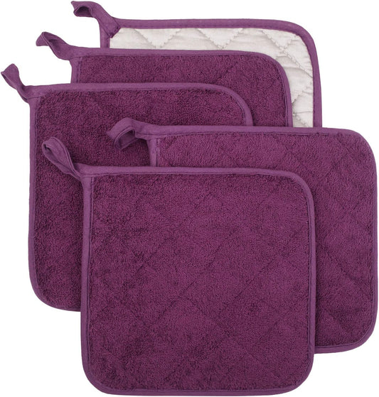100% Cotton Kitchen Everyday Basic Terry Pot Holder Heat Resistant Coaster Potholder for Cooking and Baking Set of 5 Grape