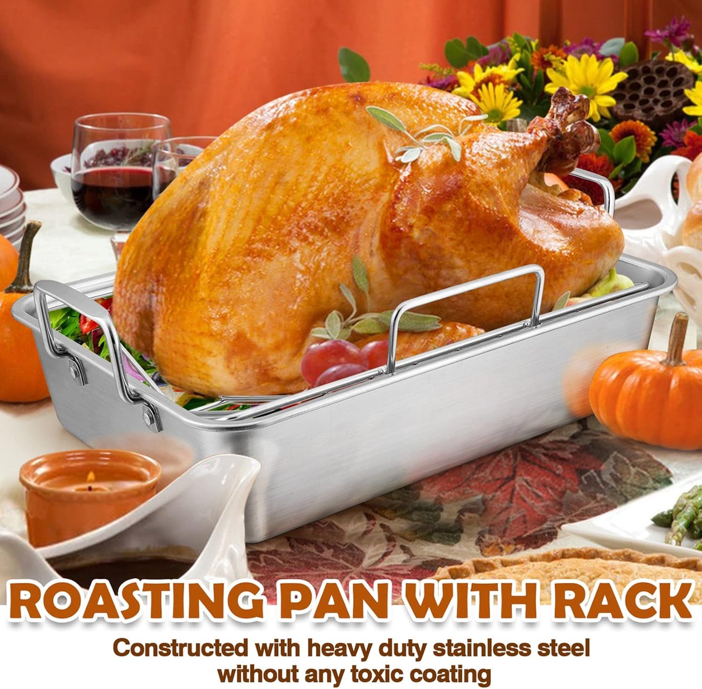 Roasting Pan with Rack for Turkey Chicken, Joyfair Stainless Steel Roaster Pan and V-rack for Toaster Oven, Rectangular Bakeware with Sturdy Handles, Heavy Duty & Dishwasher Safe (Small)