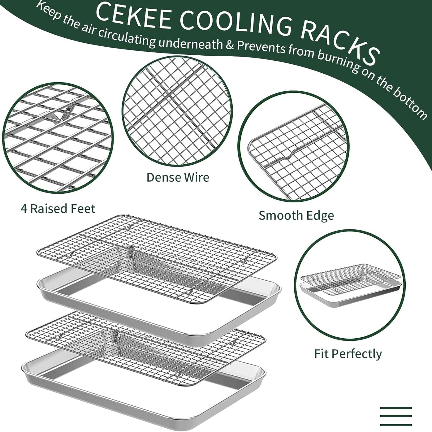CEKEE 4 PCs Small Baking Sheet With Wire Rack Set [2 Pans + 2 Cooling Racks], 10 Inch Stainless Steel Tray - Rust & Warp Resistant, Easy Clean