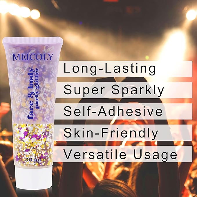 MEICOLY Face Glitter Makeup for Music Festival,Country Concert Outfits for Women,Gold Silver Purple Body Glitter,Music Festival Country Concert Accessories,Glitter Face Paint for Music Festival,50ml