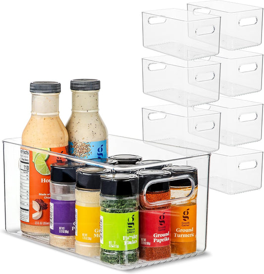Plastic Food Storage 8 Pack Clear Container Bin with Handles for Organizing Kitchen, Pantry, Fridge, Freezer, Pantry,Bathroom. 10"x6"x5"