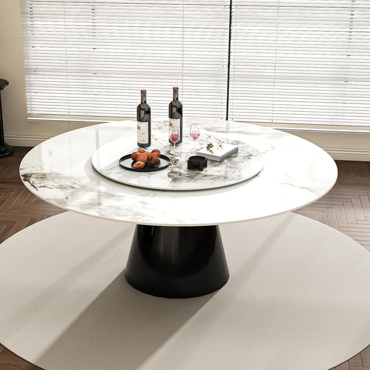Montary 59" Modern Artificial Marble Round Dining Table with Black Stainless Steel Cone Base & 31.5" White Sintered Stone Turntable, Dining Room Table with Lazy Susan for 6-8 (Only Table)