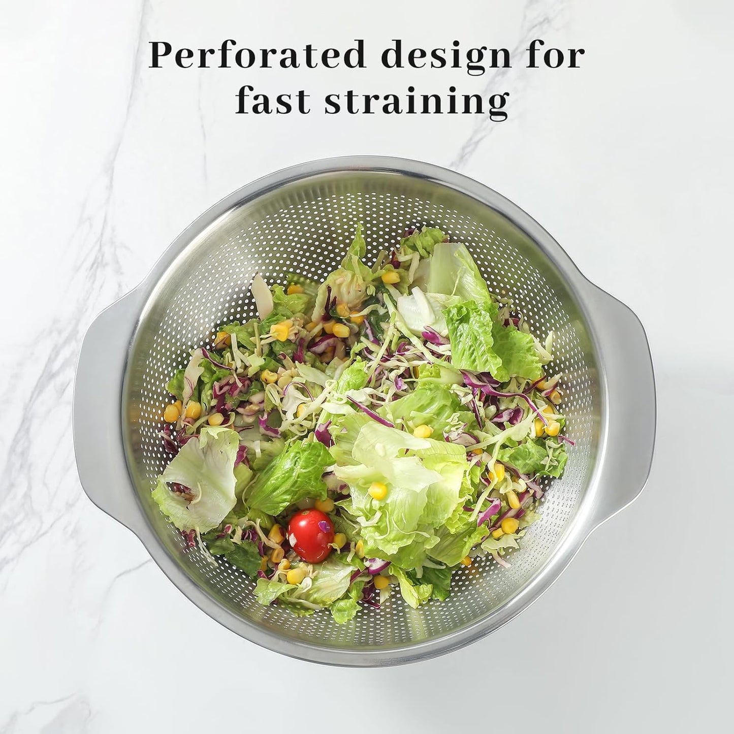 18/8 Stainless Steel Microwell Colander, 3.5QT Large Capacity with Handle Kitchen Food Strainer Basket for Washing Vegetables, Fruits, Rice, and Pasta (primary colour, 3.5QT)