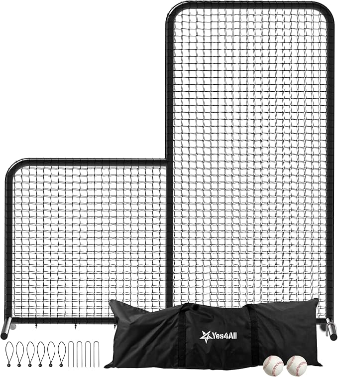 Yes4All Portable L-Screen Baseball 7x7ft with 2 Baseballs, Rubber Wheels - L Screen Baseball for Batting Cage, Protective Pitching Screen Net Double Layers, Carry Bag Included