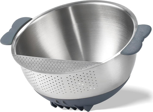 Rice Washer Strainer Bowl Quinoa Washing Bowl 18/10 Stainless Steel Colander Versatile Good Grips Side Drainers for Cleaning Rinsing Fruits, Vegetables, and Beans - Tilting Non-slip Silicone Bottom