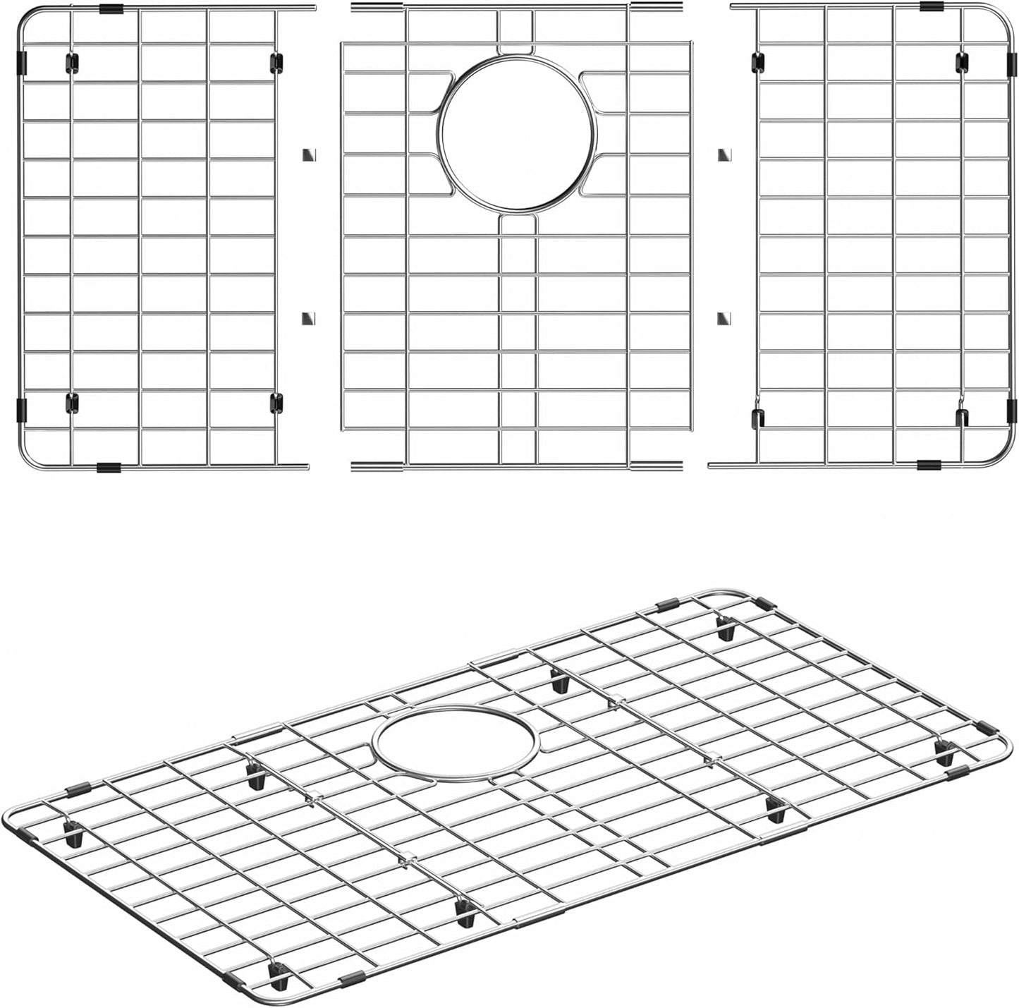 iPEGTOP Sink Rack for Bottom of Sink, Stainless Steel Sink Protector 28-3/8" x 14-3/16" Rear Drain Hole, Detachable Sink Grid Sink Grate with Hole Cover for Kitchen Sink Single Sink Bowl, Three-Piece