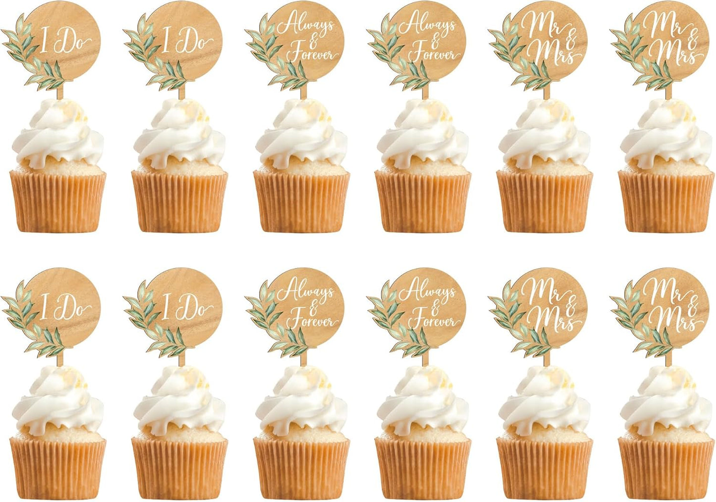 12 PCS Greeny Wedding Cupcake Toppers in Wood Mr & Mrs Engagement Cupcake Decorations