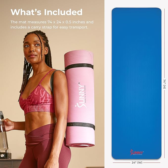 Sunny Health & Fitness Non-Slip Yoga Mat – Durable, Anti-Tear, Lightweight, Cushioned Support for Yoga, Pilates, Stretching Exercises, Meditation and Floor Workouts | Multiple Sizes & Colors
