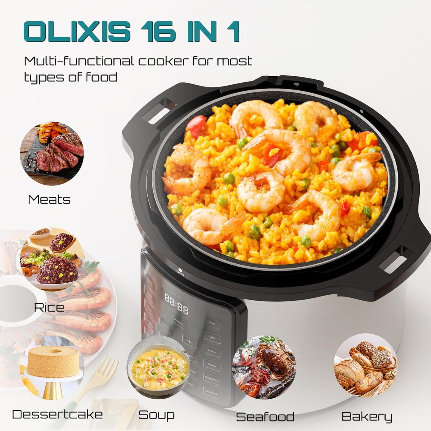 OLIXIS Electric Pressure Cooker 8 Quart Stainless Steel Multi Cooker Electric for Pressure 16-in-1 Rice, Steamer, Yogurt Maker, Slow Cook,Meat Stew, Cake, Saute, Multigrain