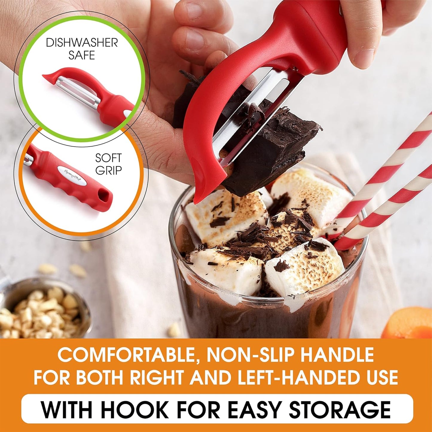 Spring Chef Professional Red Swivel Vegetable Peeler for Kitchen, Stainless Steel Potato Peelers with Soft Grip Handle, Perfect for Peeling Apple, Veggie, Fruit, Carrot, Dishwasher Safe - Set of 2