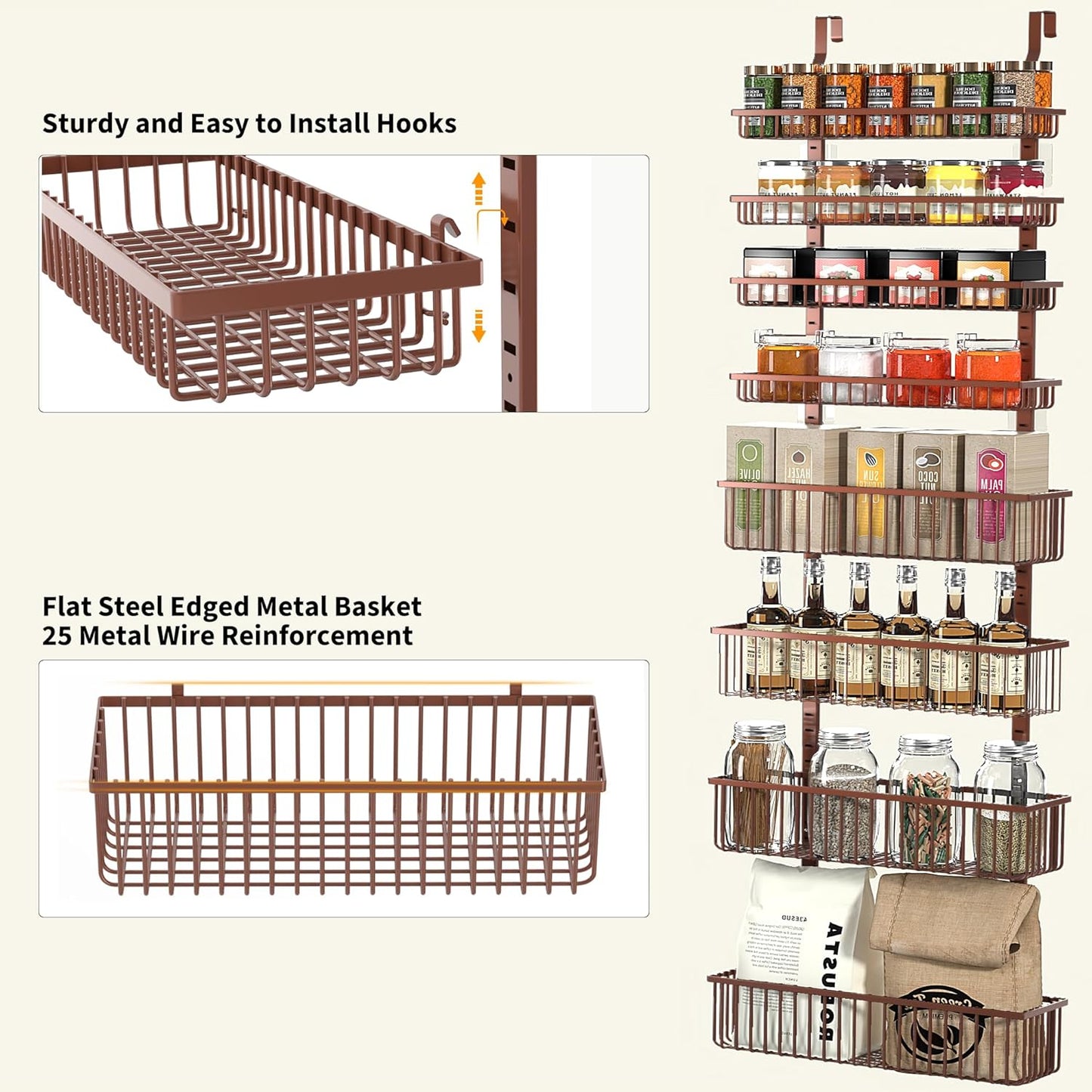 Moforoco Over The Door Pantry Organizer, Pantry Door Organizer Shelves, Kitchen Organizers and Storage, Hanging Basket Wall Spice Rack Seasoning Shelves, Laundry Room Bathroom accessories（Brown ）