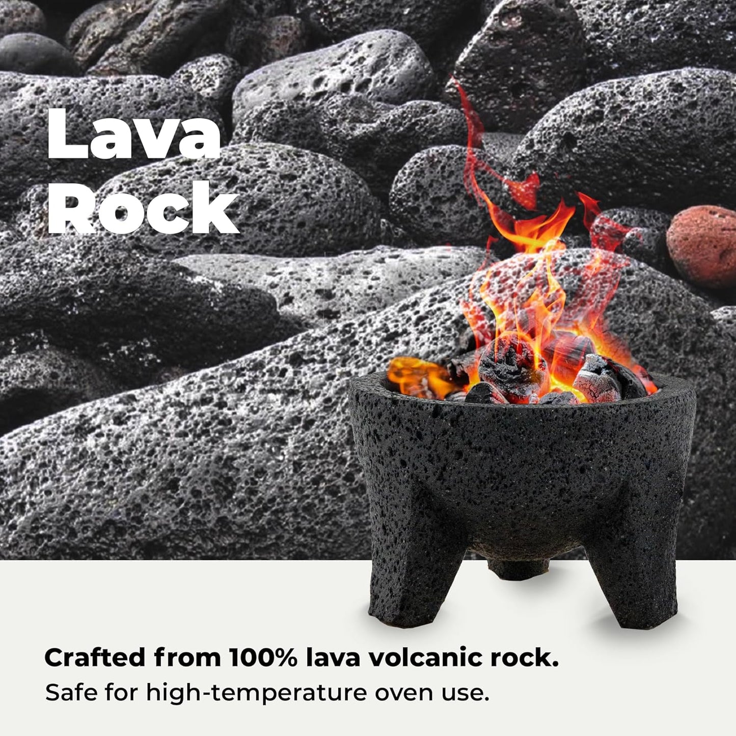 The Authentic Molcajete Mexicano Made of Lava Volcanic Rock, Set with Mortar, Pestle and Cutting Board Included - Large Molcajete 8-Inch, Molcajete de Piedra Volcánica, Molcajete for Oven (Black)
