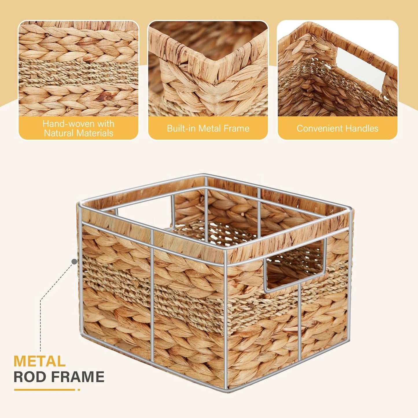 Hand-woven Water Hyacinth Baskets, Pantry Organizers and Storage with Handles, Decorative Wicker Baskets for Organizing Shelves, Laundry (10x8.5x7in 2-Pack, Natural Hyacinth)