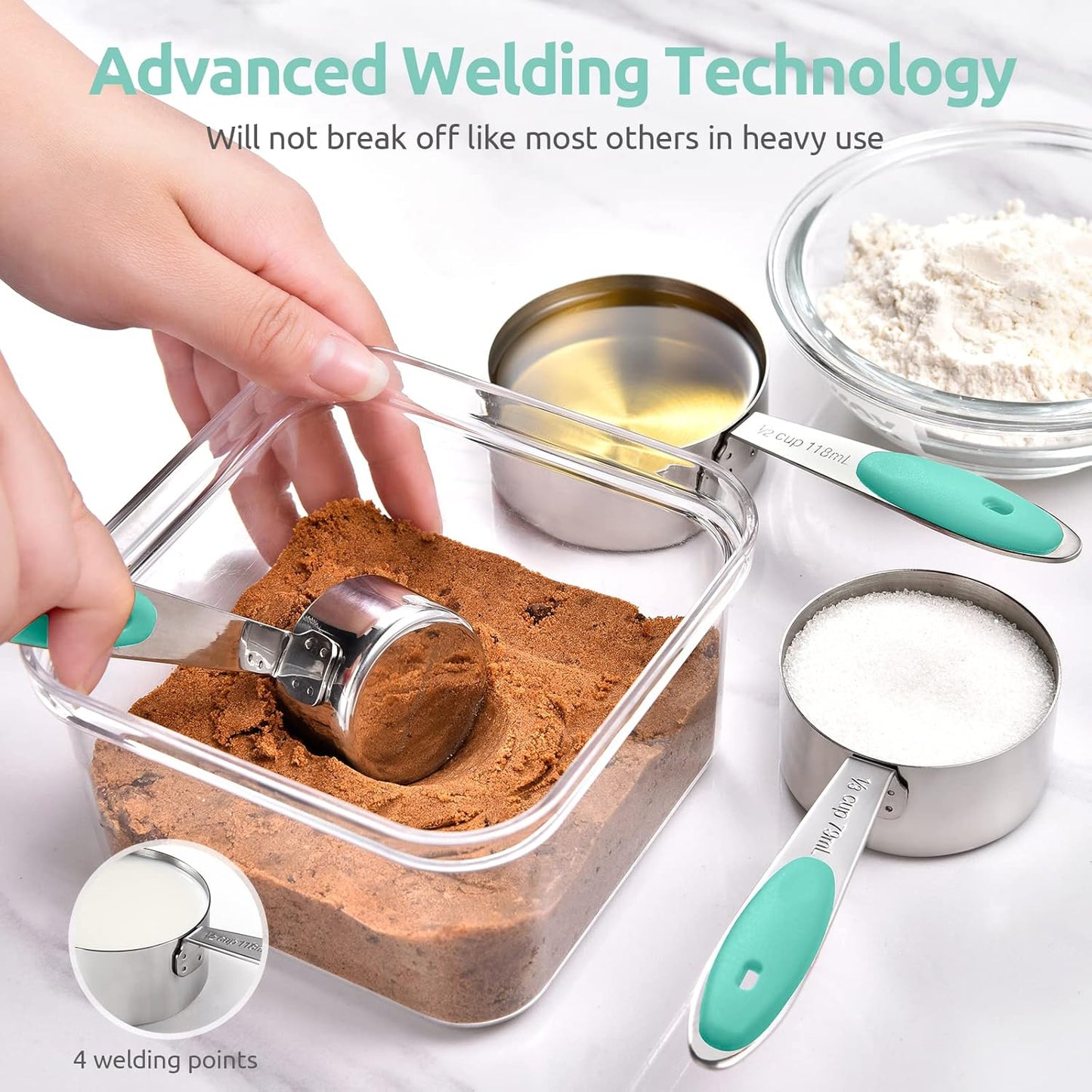 Measuring Cups and Spoons Set: U-Taste 18/8 Stainless Steel 12 Pieces Metal Stacking Kitchen Baking Cooking Food Measure Set 7 Cups 5 Spoons with Strengthened Weld Joints (Aqua Sky)