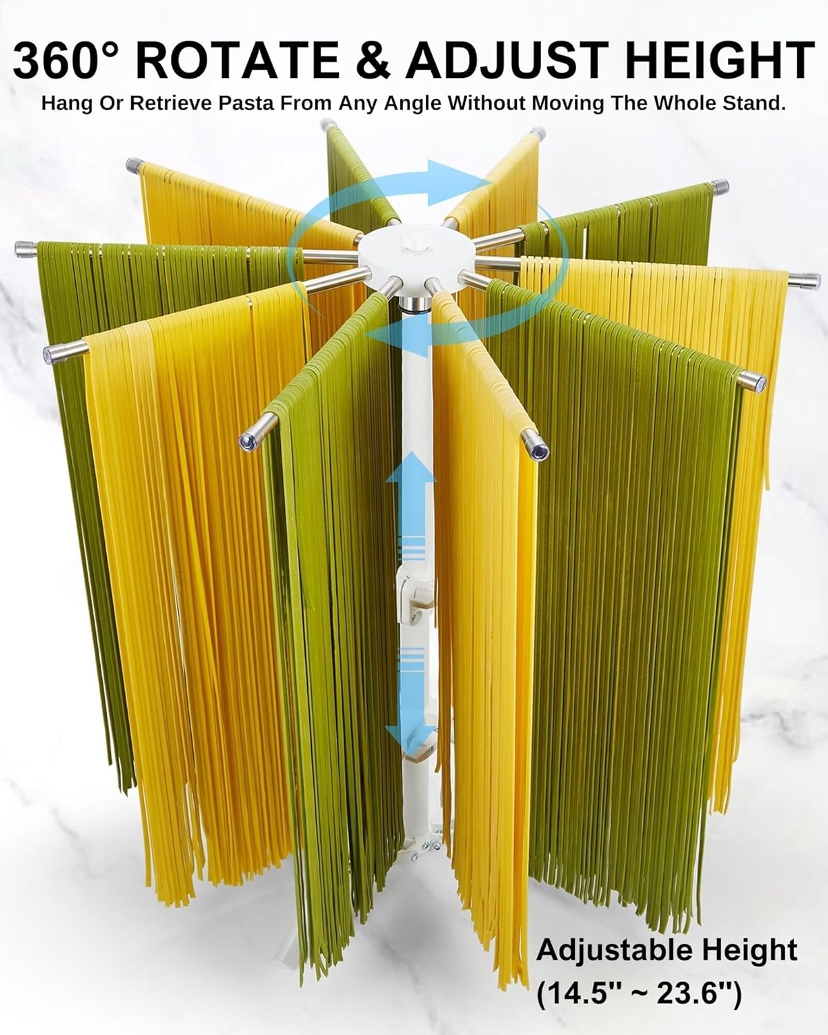 Pasta Drying Rack Collapsible, 360° Rotating, Adjustable Height(14.5"-23.6"), 304 Stainless Steels Arm, Large Noodle Dryer Foldable with Ravioli Wheel for Homemade Fresh Pasta Spaghetti