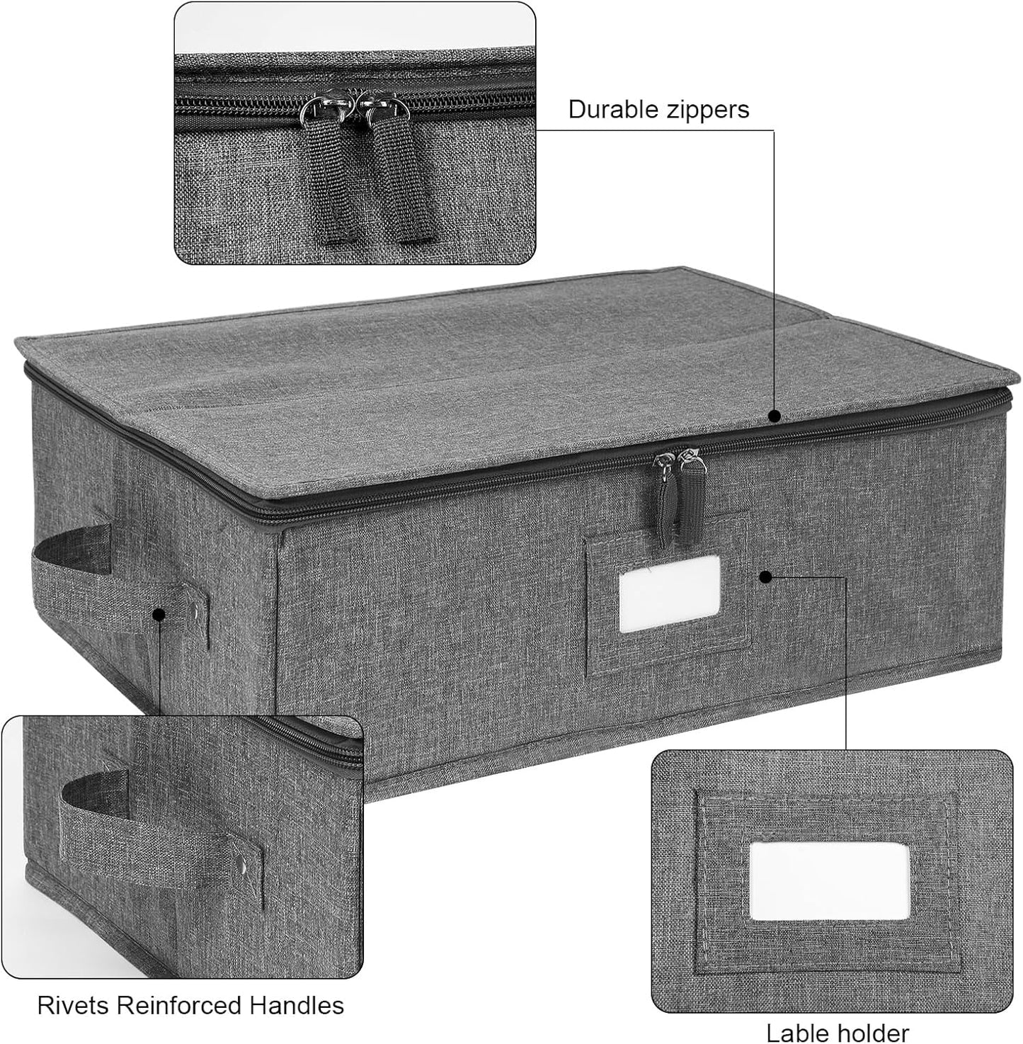 Platter Storage Case, China Storage Containers Hard Shell 17" x 13" x 6", 5 Felt Dividers Included, Structured Top and Stackable (Linen Grey)