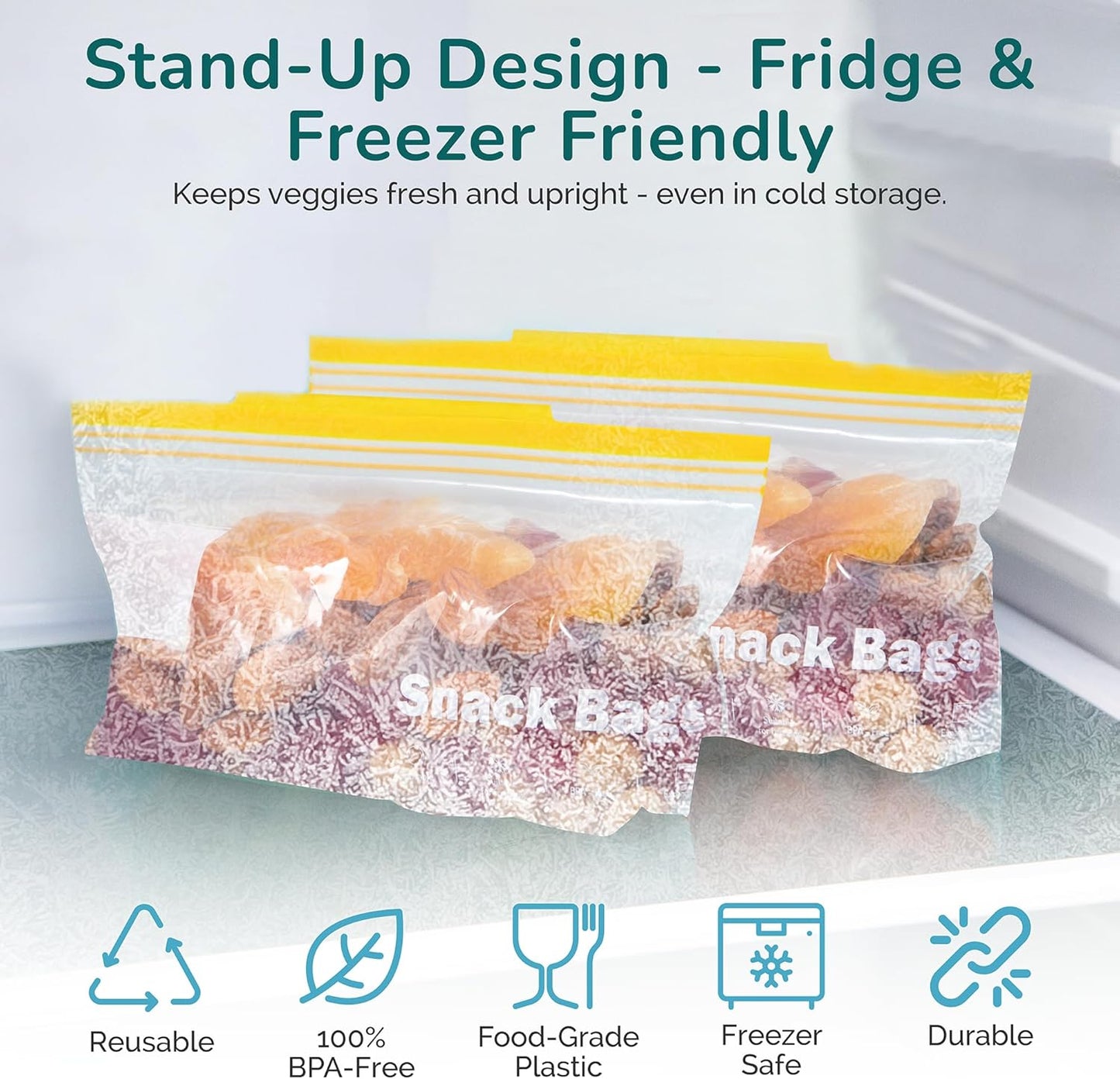 J&&J Fresh Storage Snack Bags, 50 Pack — Reusable Snack Bags, BPA-Free, Leakproof — Expandable Bottom, Microwave-Safe, Strong Zipper Lock Seal — Snack Bag for Freezer & Fridge — Durable & Washable