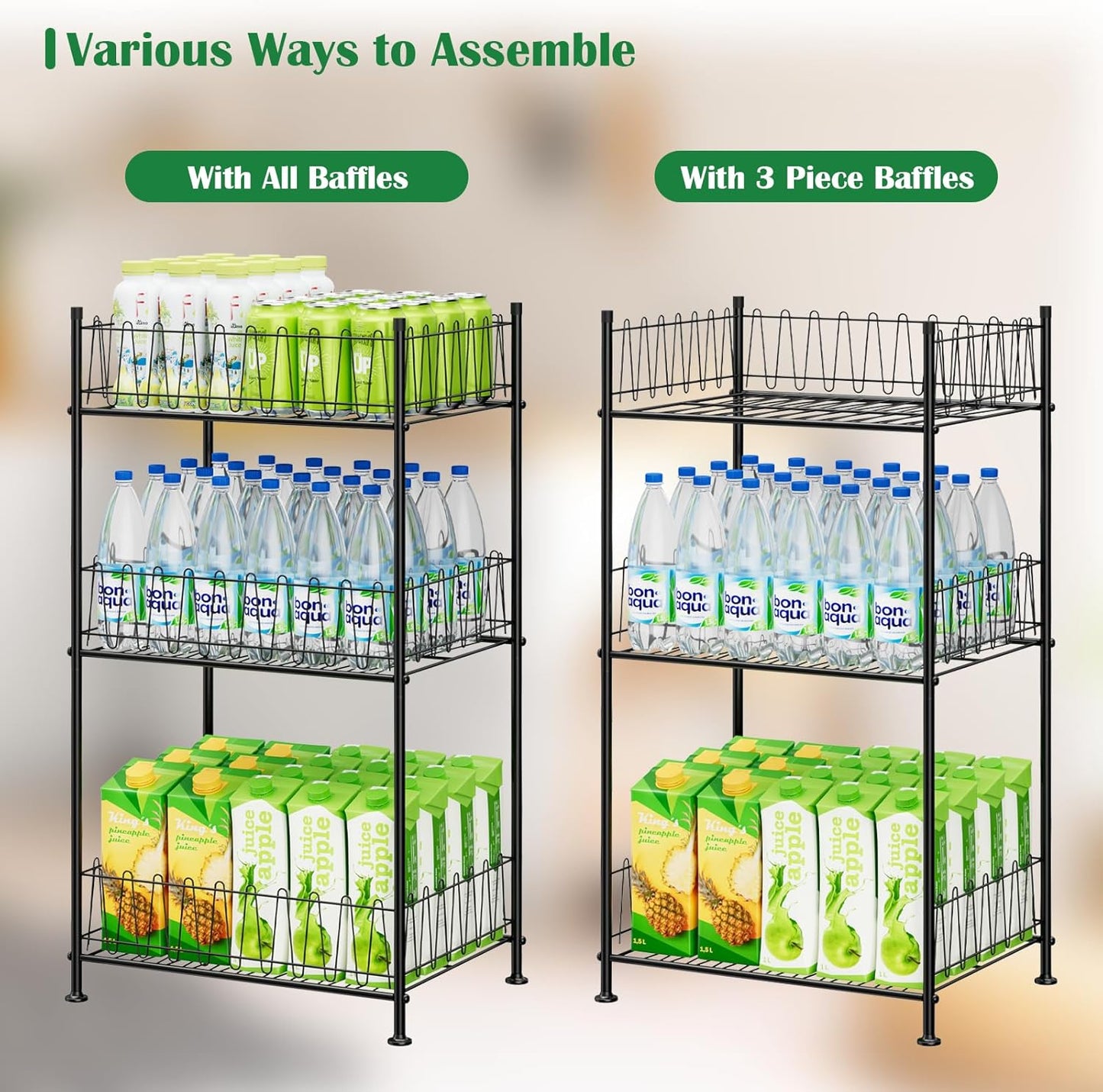 Water Bottle Organizer 3 Tier Freestanding Water Bottle Holder Storage Rack Metal Drink Beverage Soda Can Organizer Shelf Stand for Floor Pantry Kitchen Classroom Food Storage, Black