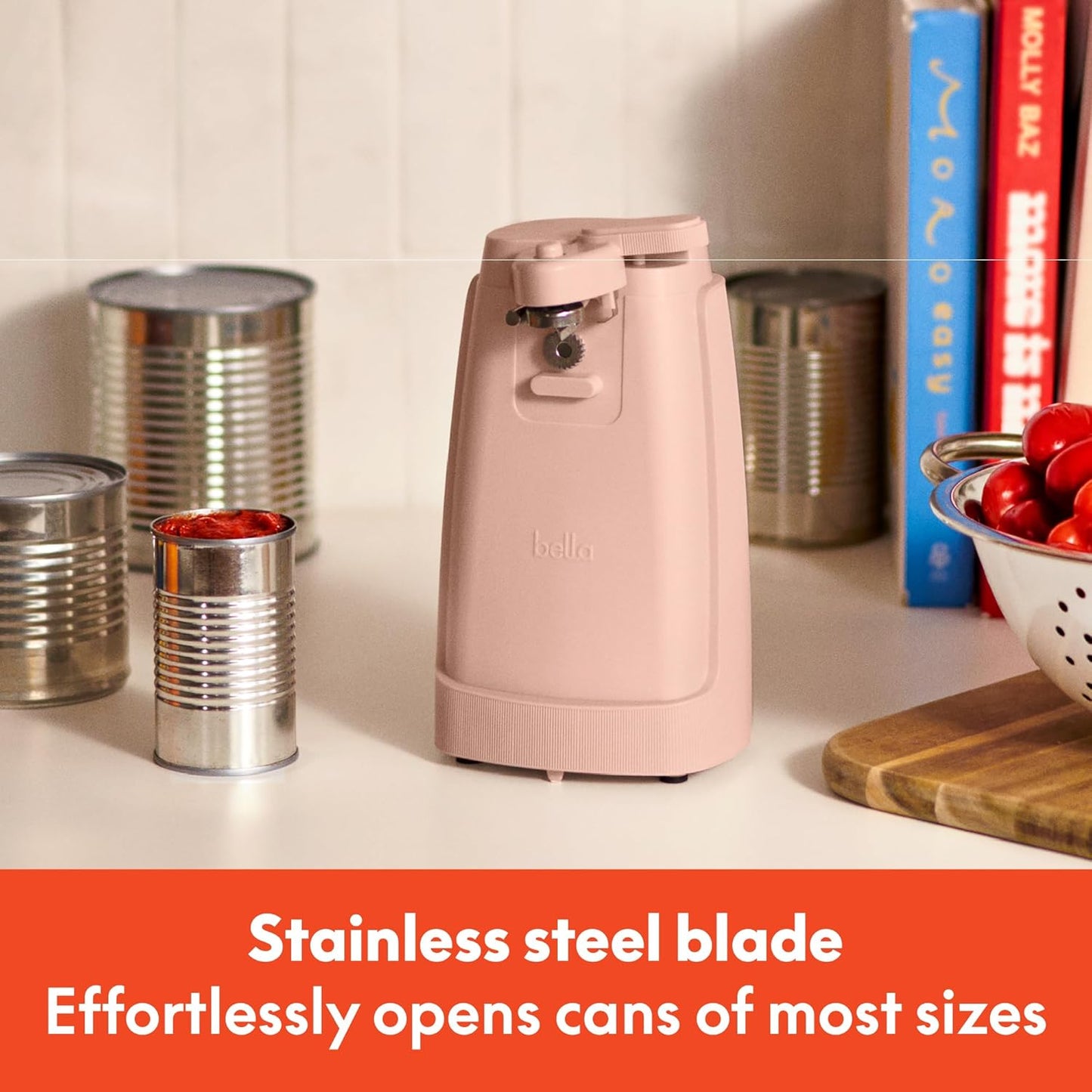 bella Electric Can Opener and Knife Sharpener, Multifunctional Jar and Bottle Opener with Removable Cutting Lever and Cord Storage, Stainless Steel Blade, Blossom