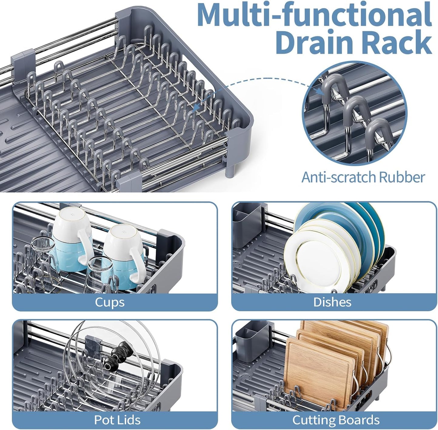 Stainless Steel Dish Drying Rack - Dish Drainer for Kitchen Counter, Extendable Drainboard with Foldable, Space-Saving Cup & Bowl Organizer, Includes Knife and Utensil Holder, Gray