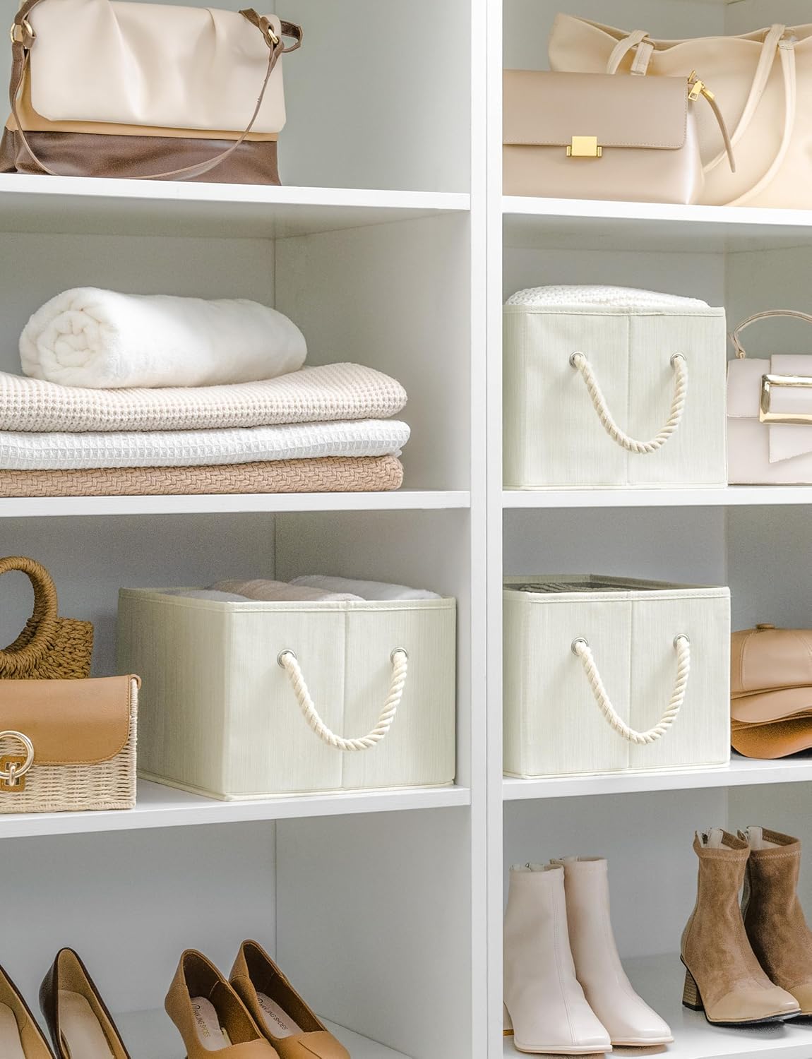 StorageWorks Storage Baskets for Shelves, Foldable Fabric Closet Storage Bins with Handles, Fabric Storage Bins Clothes Organizer, Beige, White & Ivory, 3-Pack, Large