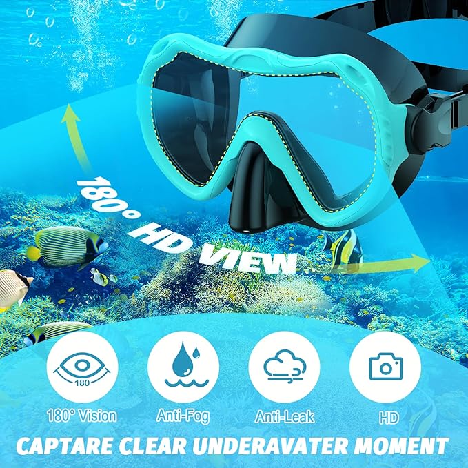 Full Face Snorkel Mask, Snorkeling Gear for Adults Men and Women, 180 Degrees Panoramic View Snorkel Set Anti-Fog Anti-Leak, Dry Top System and Travel Bag for Swimming, Snorkeling