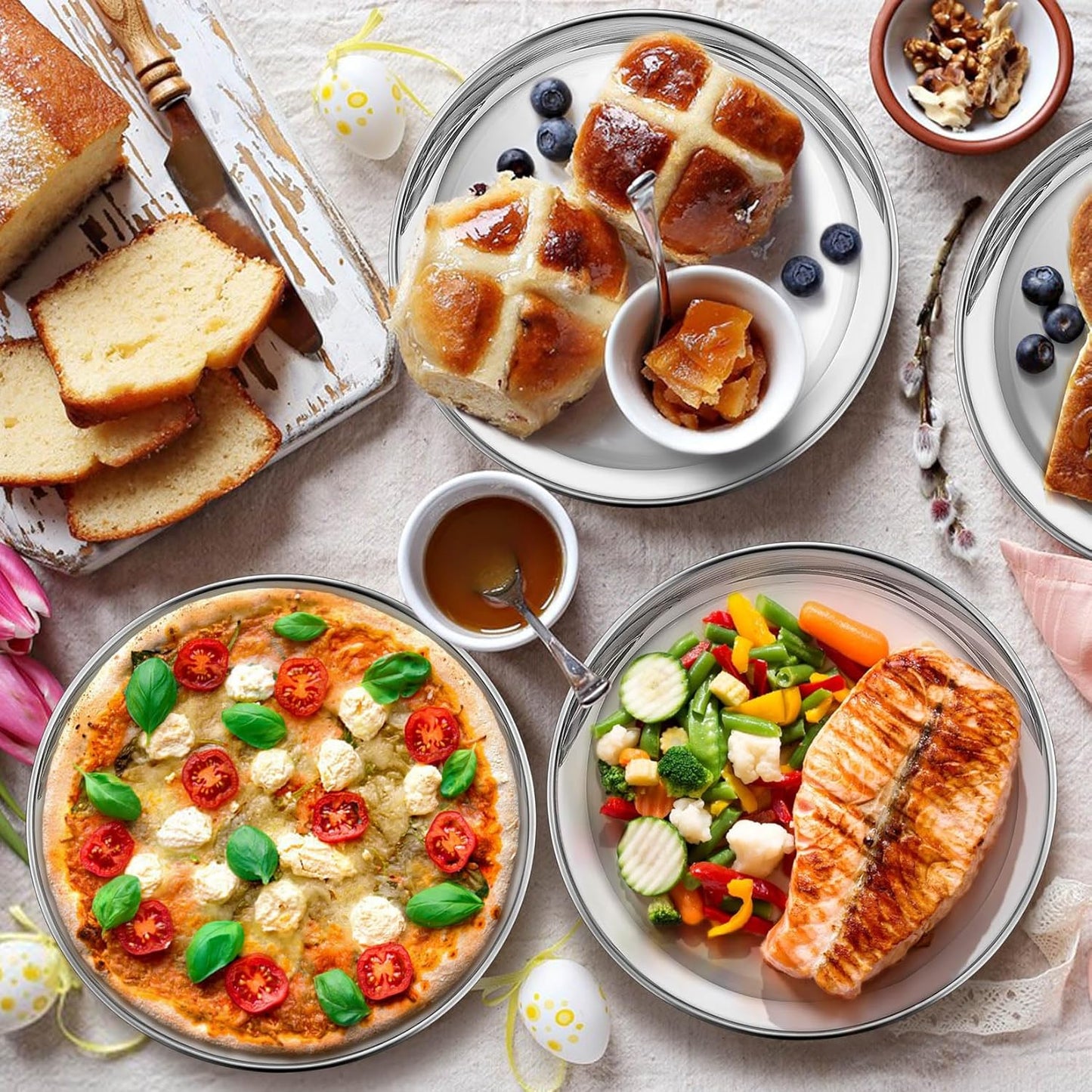 P&P CHEF 10 Inch Pizza Pan, Stainless Steel Round Pizza Tray Baking Pans, Pizzas Plate Serving Tray for Cookie Meat, Oven & Dishwasher Safe & Easy Cleaning, (Mirror Finish) - 8 Pieces