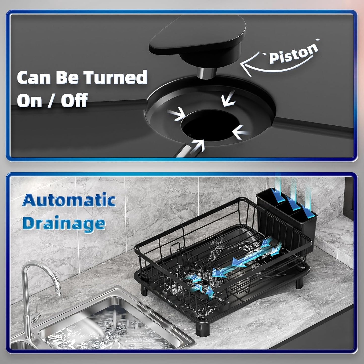 2 Tiers Dish Drying Rack, Space-Saving Dish Racks for Kitchen Counter, Dish Drainer Drying Rack with Drainboard, Utensil Holder Cups Holder Plate Rack and Automatic Drainage Drainboard, Black