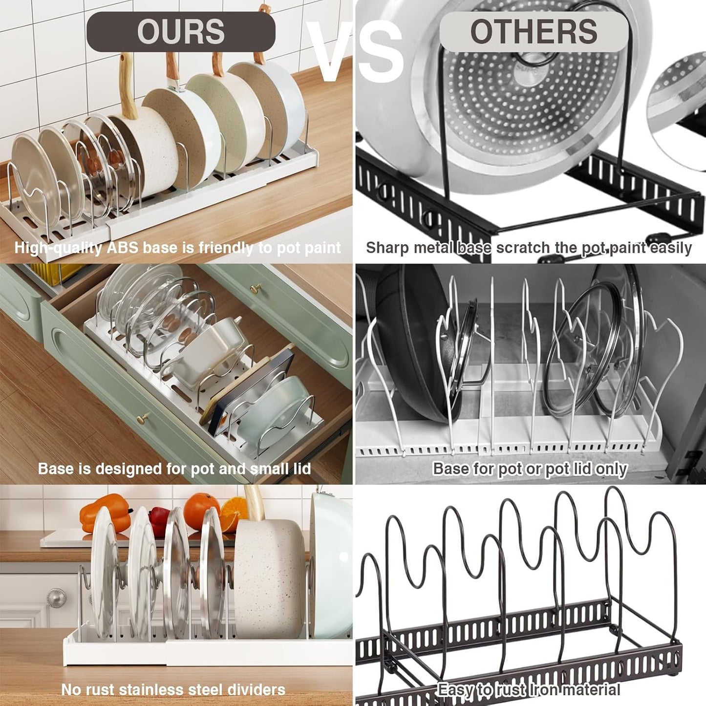 2 Pack Expandable Food Storage Container Lid Organizers, 22" Pots and Pans Organizer Under Cabinet with 9 Adjustable Dividers Pot and Pan Lid Holders Rack Inside Cabinet(White)