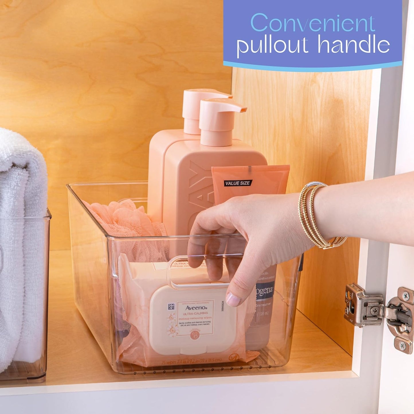 Plastic Food Storage 4 Pack Clear Container Bin with Handles for Organizing Kitchen, Pantry, Refrigerator, Freezer, Pantry, Cabinet, Closet, Bathroom. 10”x7.5”x5.3”