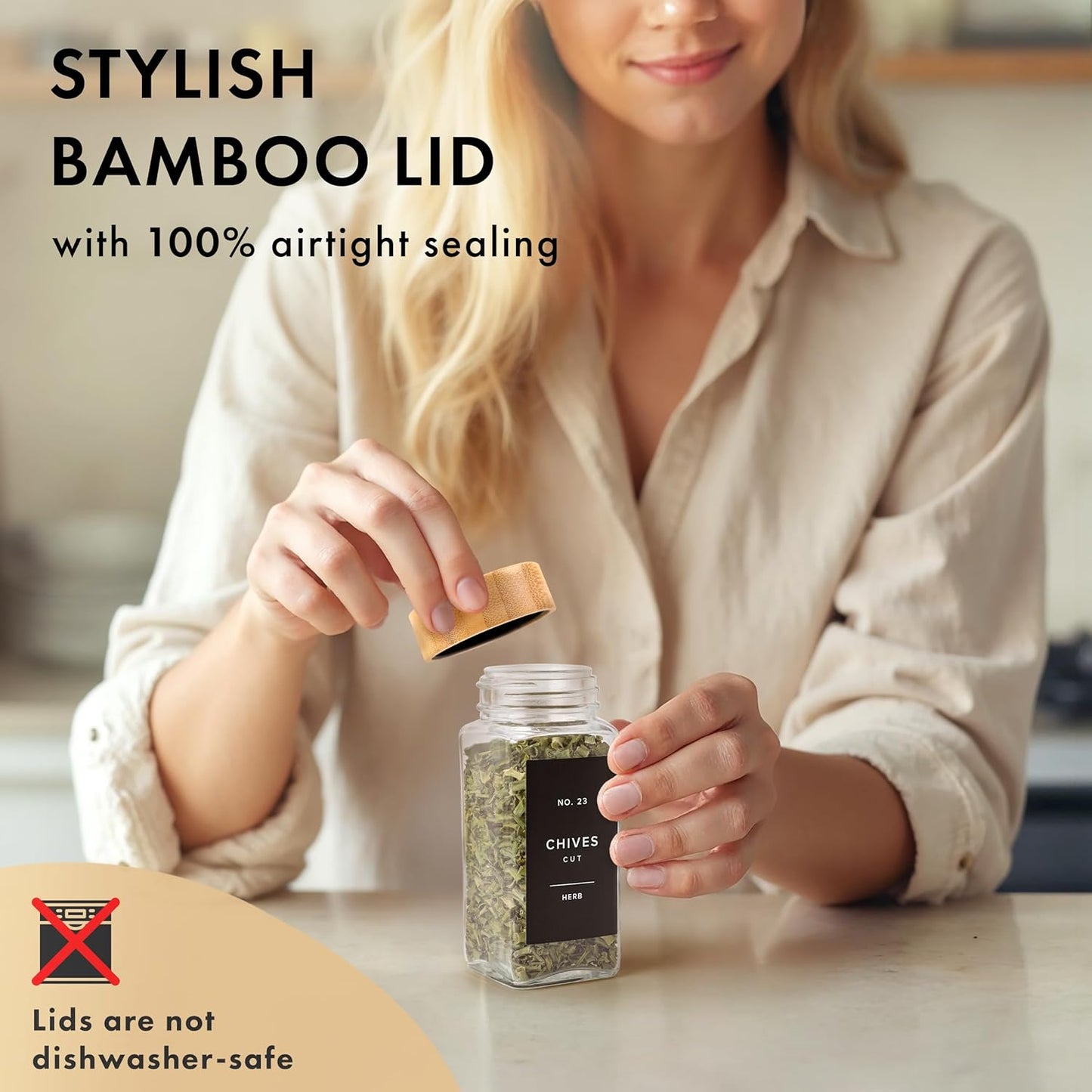 EDELHAUS® Square Spice Jars with Bamboo Wooden Lid (Pack of 24) Spice Jars with Shaker Insert and 240 Labels - Bamboo Lid Glass Container for Spice Organisation [4.3 in × 1.8 in]