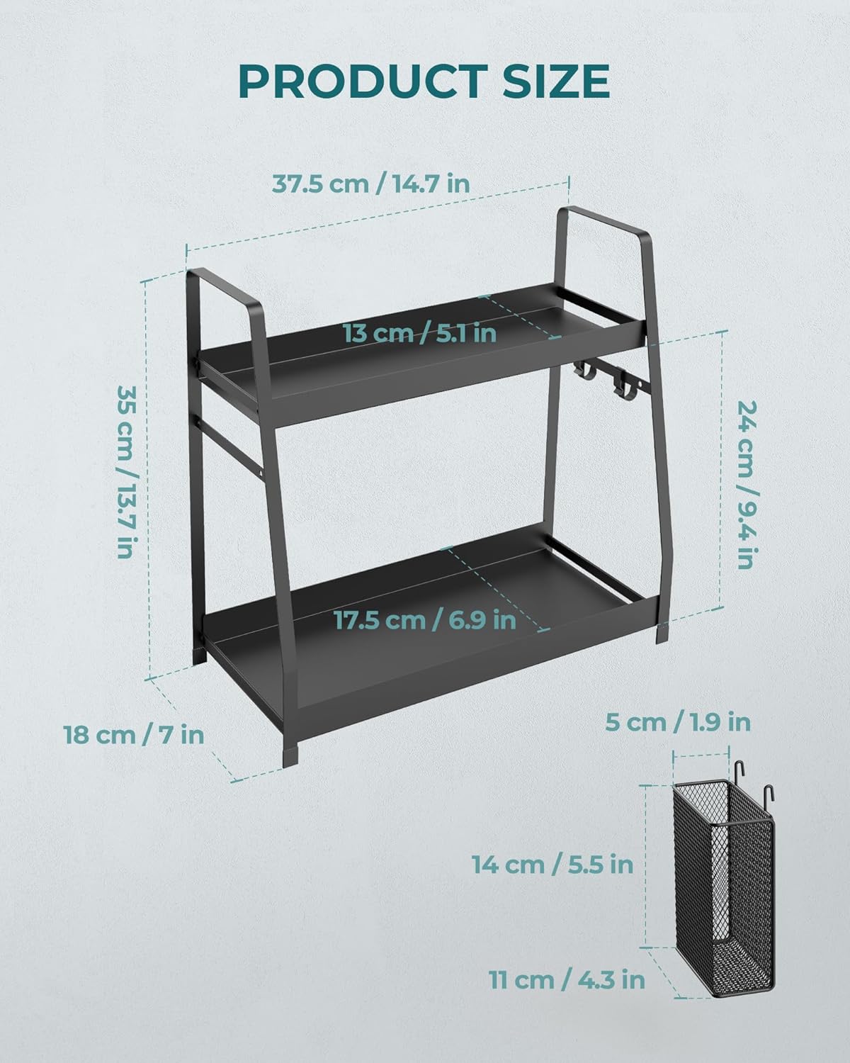 OROPY 2 Tier Spice Rack for Countertop, Metal Standing Kitchen Storage Organizer Shelf, Counter Shelf for Cabinet,Pantry,Bathroom,Bedroom, with Hanging Basket