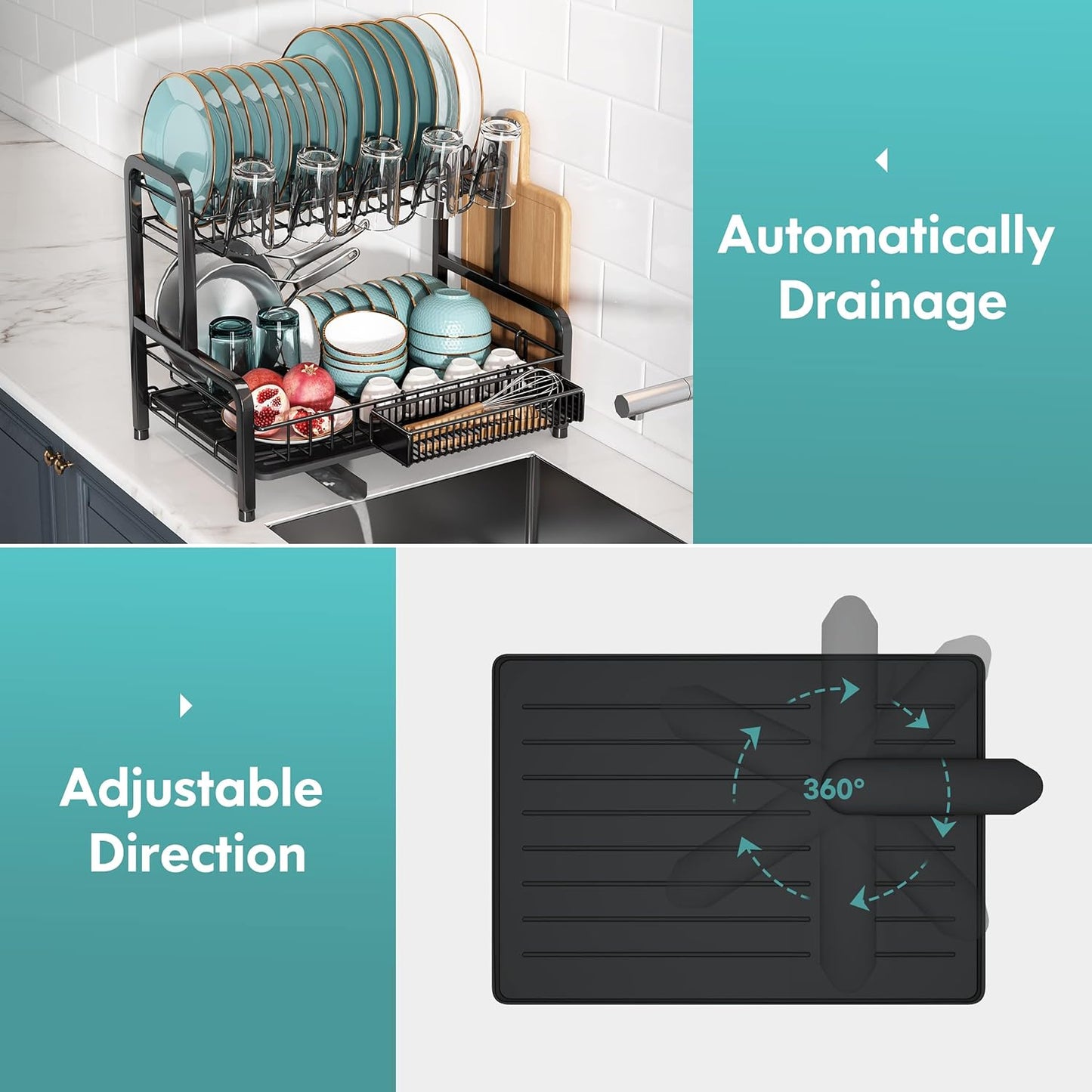 BOOSINY Dish Drying Rack and Drainboard Set for Kitchen Counter, 2 Tier Large Stainless Steel Sink Organizer Dish Racks with Cups Holder, Utensil Holder, Black Dish Strainer Shelf