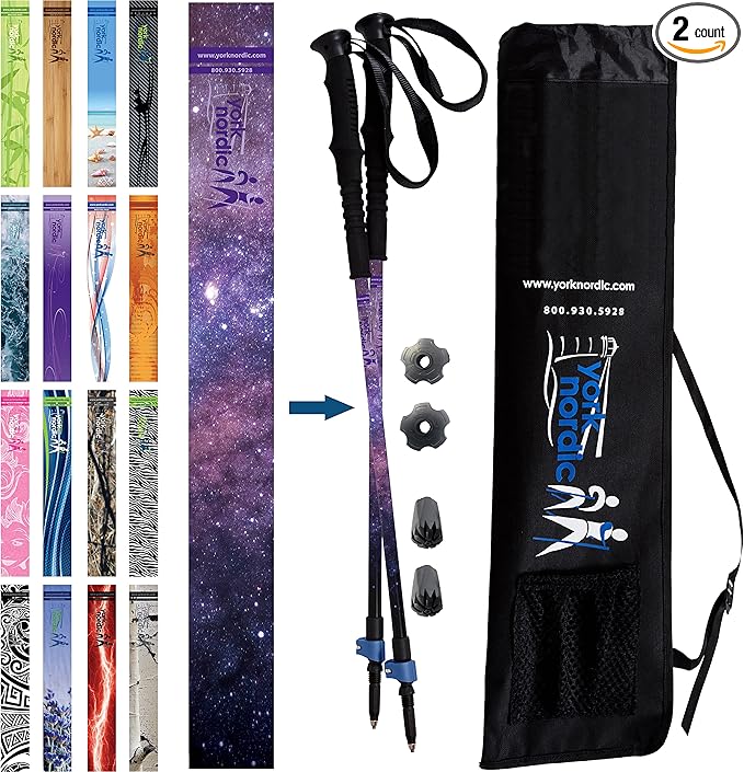 York Nordic Hiking & Walking Poles - Cushion Foam Grips w/Nordic Strap - Lightweight, Adjustable, and Great for Balance -2 Pieces w/Flip Locks, and Travel Bag - Heights 5'4"-6'2"