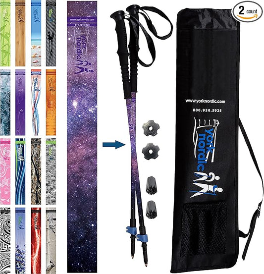 York Nordic Hiking & Walking Poles - Cushion Foam Grips w/Nordic Strap - Lightweight, Adjustable, and Great for Balance -2 Pieces w/Flip Locks, and Travel Bag - Heights 5'4"-6'2"