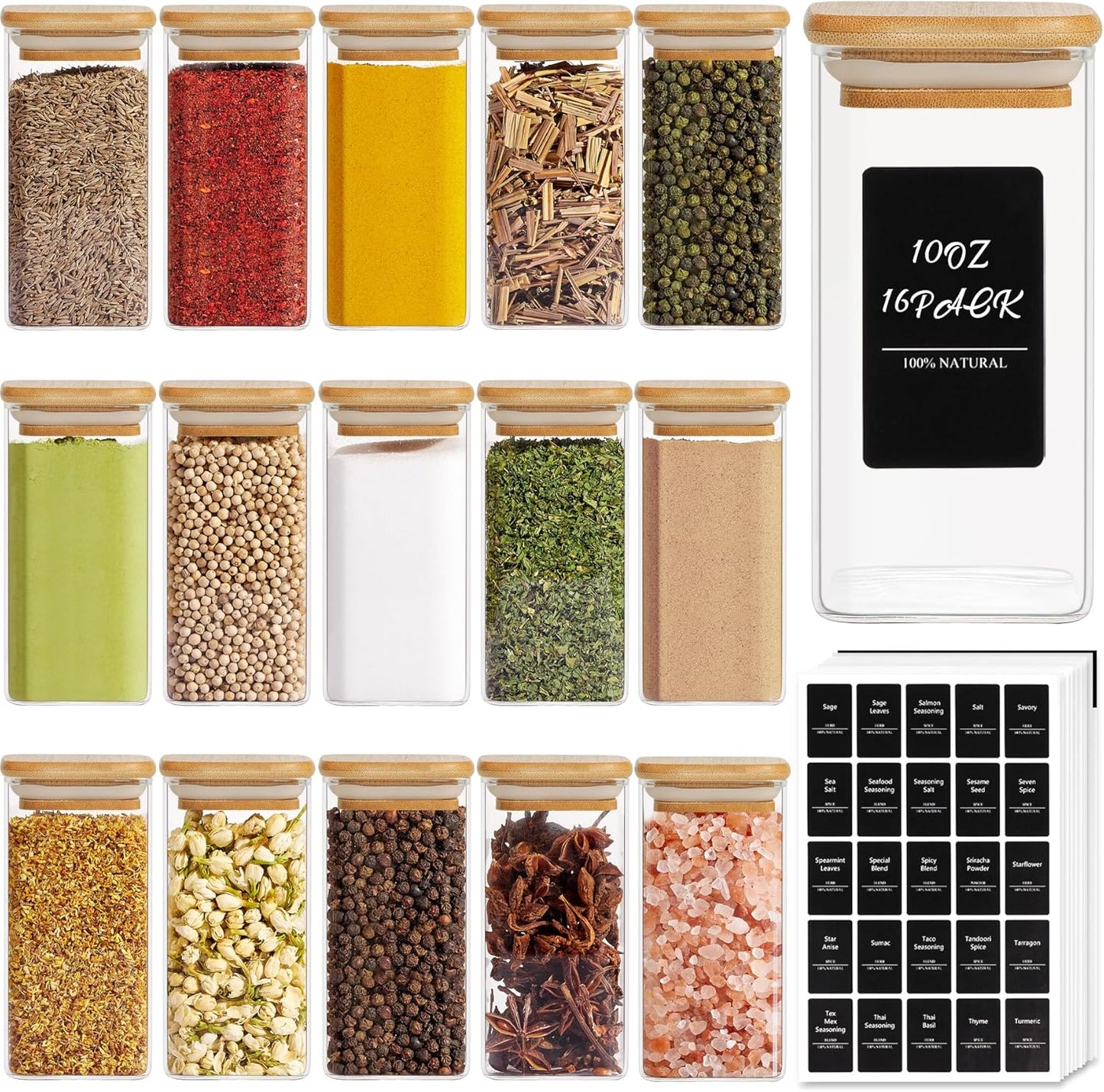 ComSaf 16Pcs Glass Spice Jars with Bamboo Lid, 10oz Airtight Square Containers with 275 Black Lables, Empty Seasoning Jars for Spice Salt Sugar