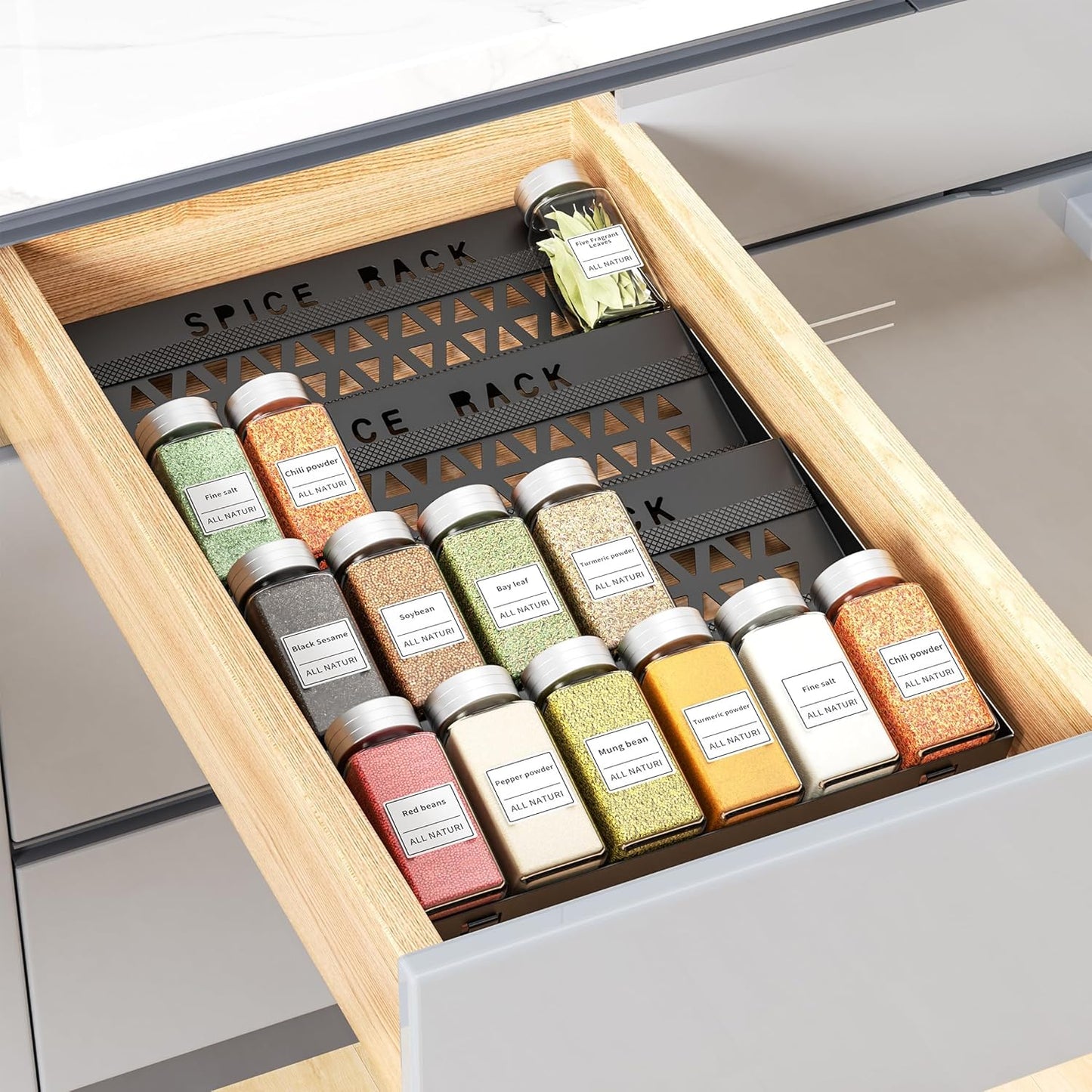 Spice Drawer Organizer, 4 Tier Metal Spice Organizer for Drawer Insert, Spice Organization for Drawer, Kitchen, Countertop, Pantry (Jars Not Included)