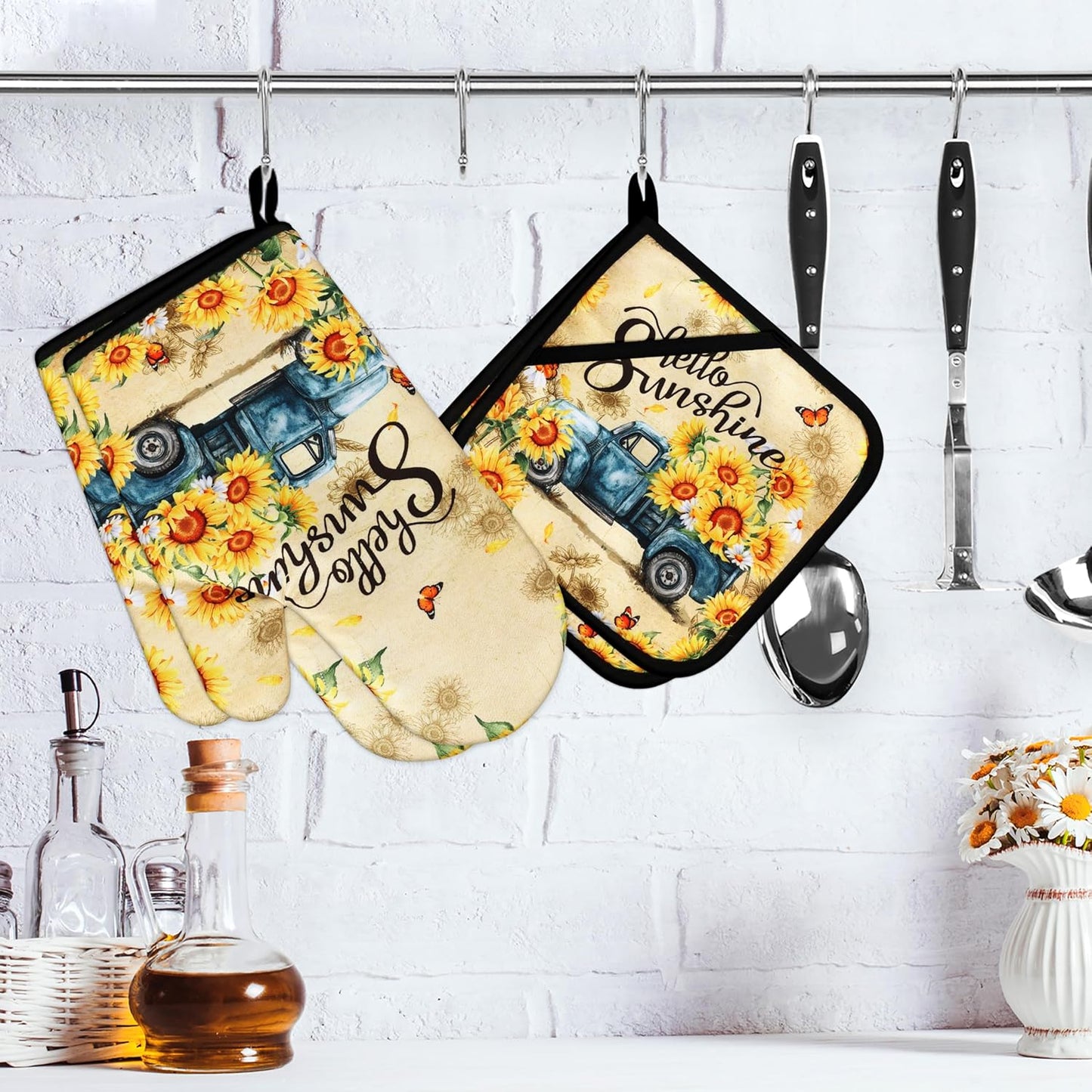 Sunflower Oven Mitts and Pot Holders Sets Vintage Floral Oven Gloves Heat Resistant 4 Pcs Farmhouse Decorative Kitchen Hot Pads and Mitts for Baking Cooking Grilling