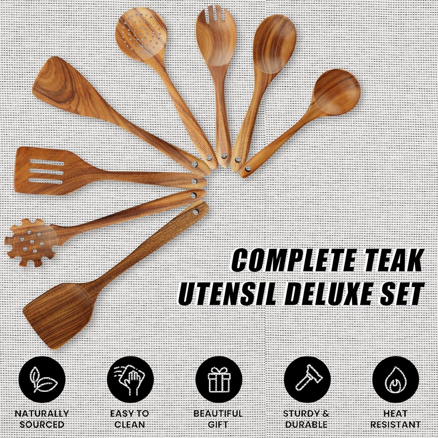 FJNATINH Wooden Spoons for Cooking, 10 Pcs Teak Wooden Cooking Utensil Set with Holder, Wooden Kitchen Utensils Set for Nonstick Pans & Cookware