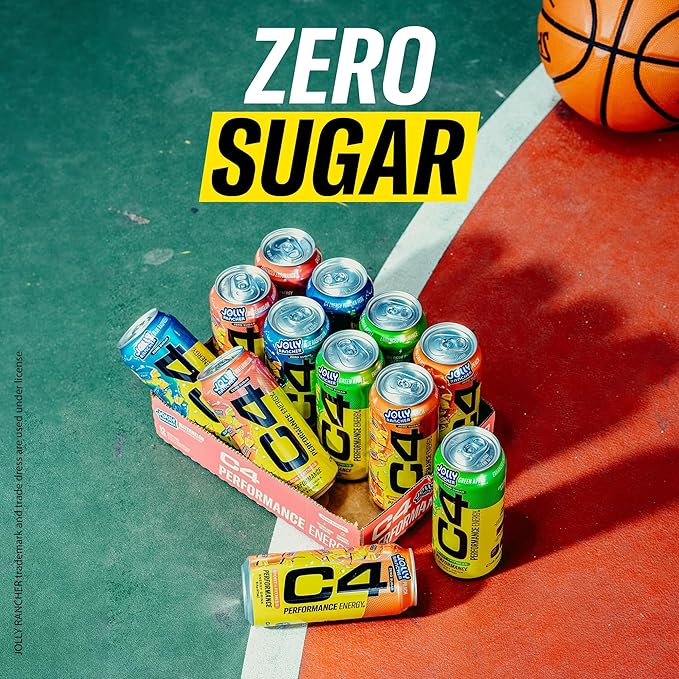 Cellucor C4 Performance Energy Drink | JOLLY RANCHER Green Apple | Zero Sugar Carbonated Preworkout Energy | 200mg Caffeine with Beta Alanine | 16 Fl Oz (12 Pack)