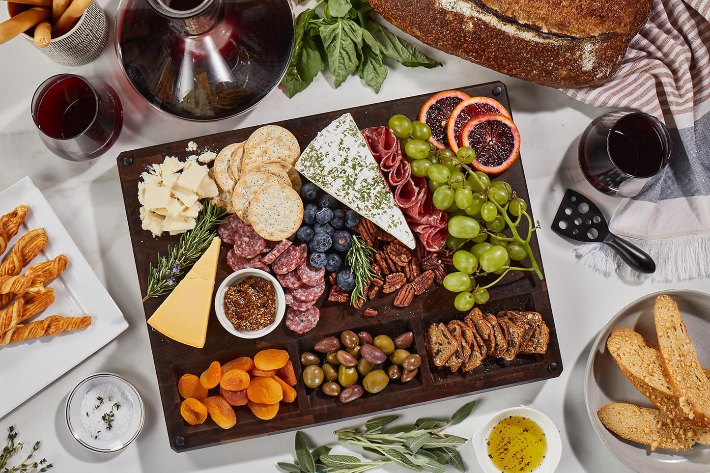 Sonder Los Angeles, Made in USA, Large Thick End Grain Walnut Wood Cutting Board with Non-Slip Feet, Juice Groove, Sorting Compartments for Kitchen 17x13x1.5 in (Gift Box Included)