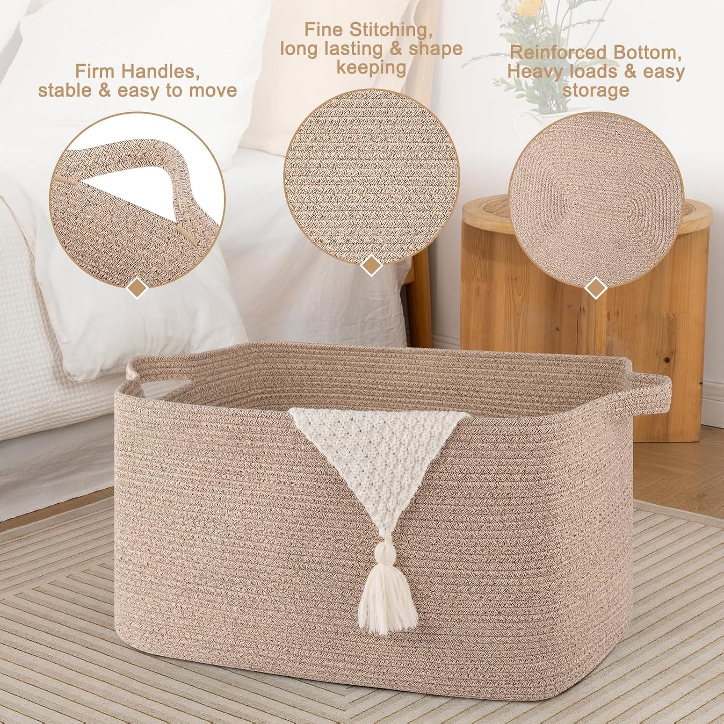 95L Large Storage Basket, Cotton Rope Woven Blanket Basket, Toy Storage for Baby Room, Living Room, 24" x 16.9" x 14.2", Brown