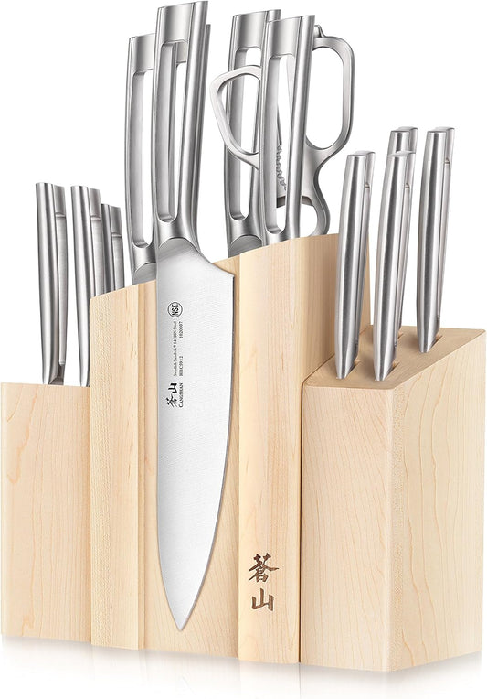 Cangshan TN1 Series 1021967 Swedish 14C28N Steel Forged 14-Piece DENALI Magnetic Knife Block Set, Maple